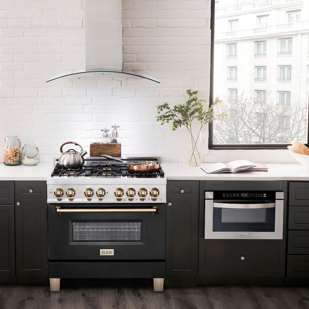 Autograph Edition 36 In. 4.6 Cu. Ft. Legacy Dual Fuel Range With 6 Burner Gas Cooktop And Electric Convection Oven In Stainless Steel With Black Matte Door And Polished Gold Accents RAZBLM36G