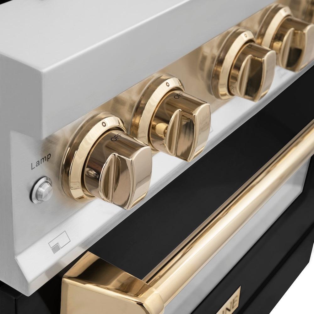 Autograph Edition 36 In. 4.6 Cu. Ft. Legacy Dual Fuel Range With 6 Burner Gas Cooktop And Electric Convection Oven In Stainless Steel With Black Matte Door And Polished Gold Accents RAZBLM36G