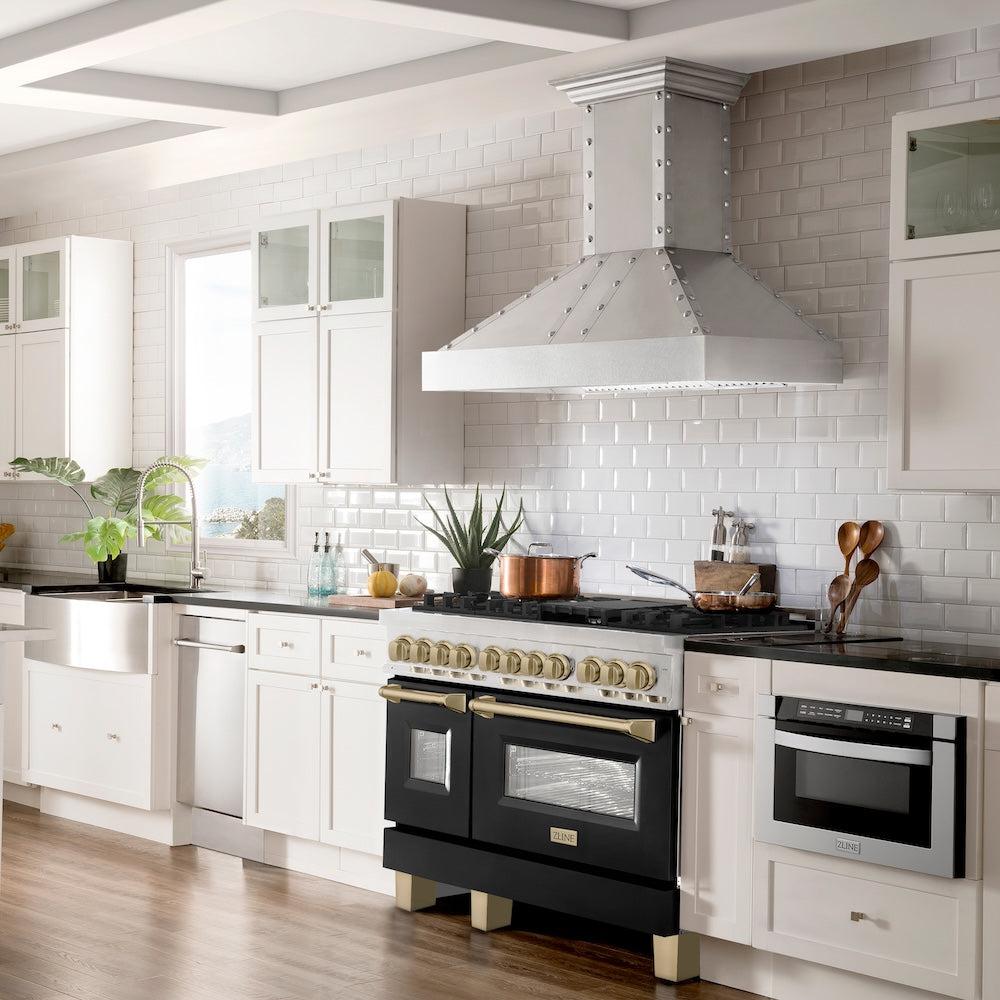 Autograph Edition 48 In. 6.0 Cu. Ft. Legacy Dual Fuel Range With 7 Burner Gas Cooktop And 2 Electric Ovens In Stainless Steel With Black Matte Doors And Champagne Bronze Accents RAZBLM48CB