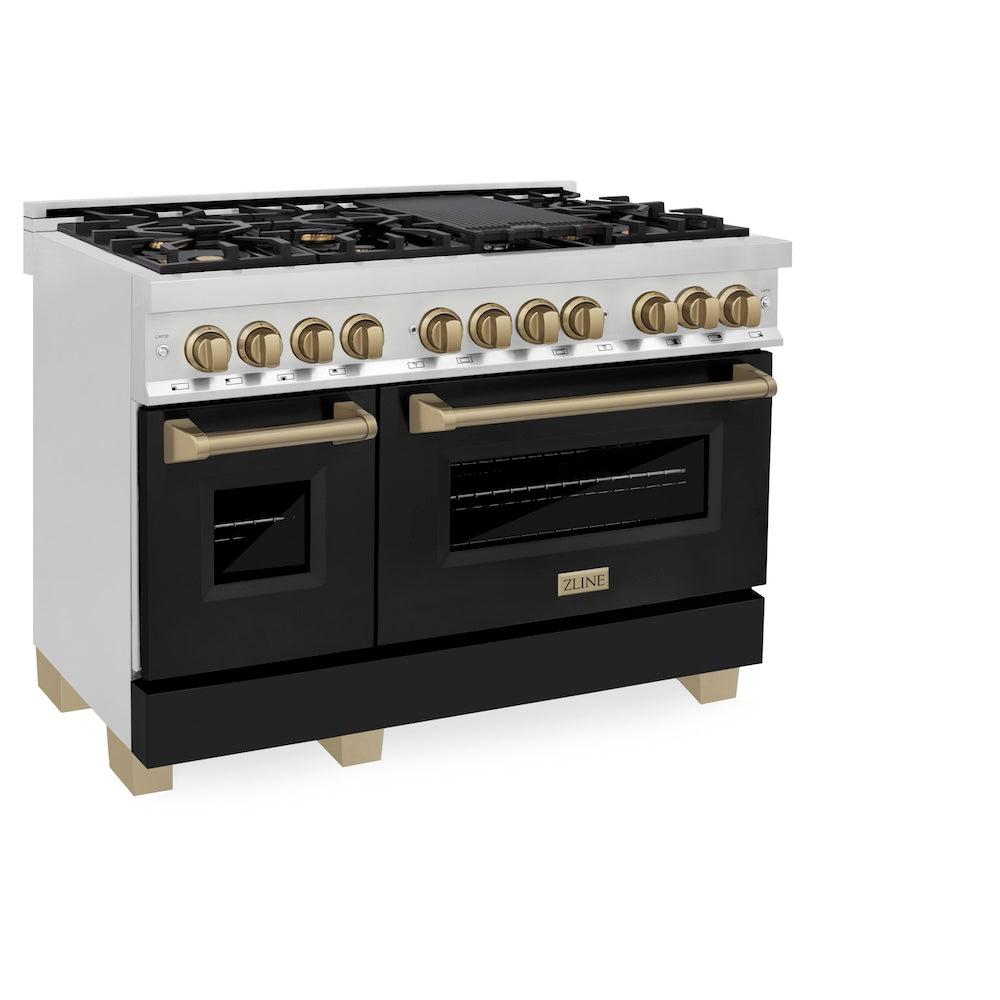 Autograph Edition 48 In. 6.0 Cu. Ft. Legacy Dual Fuel Range With 7 Burner Gas Cooktop And 2 Electric Ovens In Stainless Steel With Black Matte Doors And Champagne Bronze Accents RAZBLM48CB