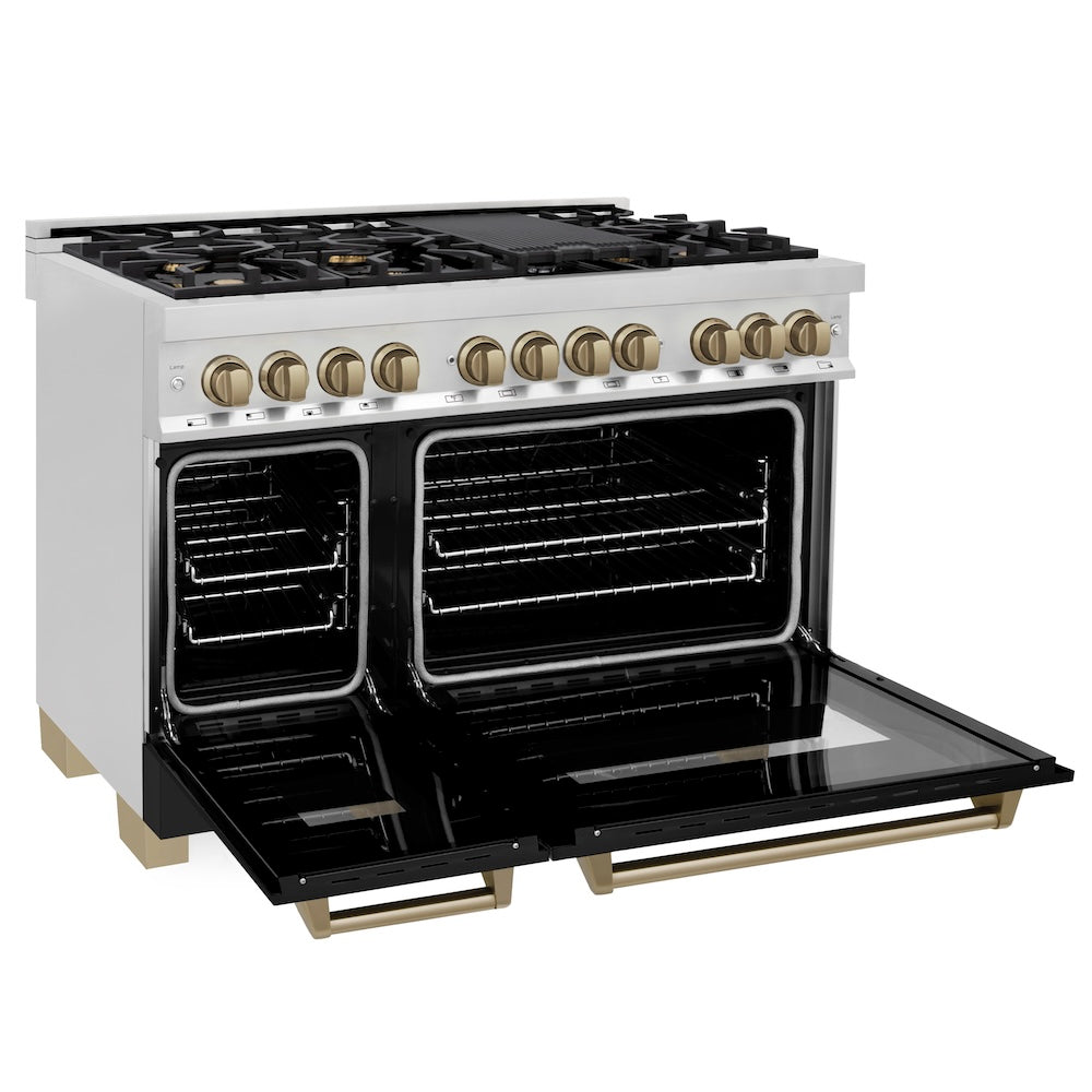Autograph Edition 48 In. 6.0 Cu. Ft. Legacy Dual Fuel Range With 7 Burner Gas Cooktop And 2 Electric Ovens In Stainless Steel With Black Matte Doors And Champagne Bronze Accents RAZBLM48CB