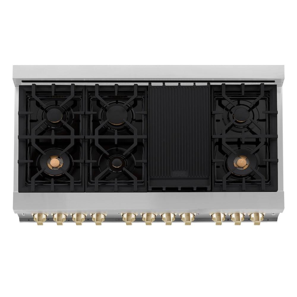 Autograph Edition 48 In. 6.0 Cu. Ft. Legacy Dual Fuel Range With 7 Burner Gas Cooktop And 2 Electric Ovens In Stainless Steel With Black Matte Doors And Champagne Bronze Accents RAZBLM48CB