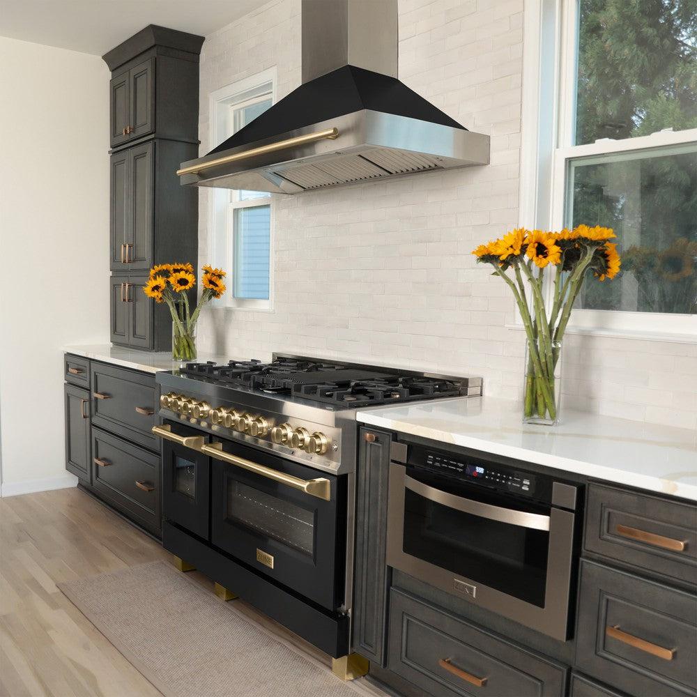 Autograph Edition 48 In. 6.0 Cu. Ft. Legacy Dual Fuel Range With 7 Burner Gas Cooktop And 2 Electric Ovens In Stainless Steel With Black Matte Doors And Champagne Bronze Accents RAZBLM48CB