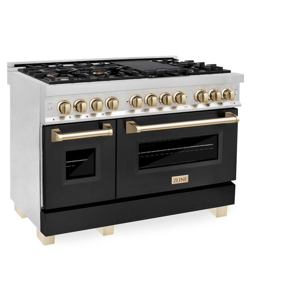 Autograph Edition 48 In. 6.0 Cu. Ft. Legacy Dual Fuel Range With 7 Burner Gas Cooktop And 2 Electric Ovens In Stainless Steel With Black Matte Doors And Polished Gold Accents RAZBLM48G