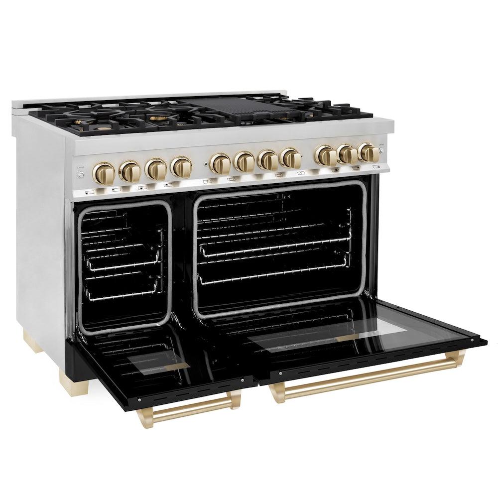 Autograph Edition 48 In. 6.0 Cu. Ft. Legacy Dual Fuel Range With 7 Burner Gas Cooktop And 2 Electric Ovens In Stainless Steel With Black Matte Doors And Polished Gold Accents RAZBLM48G