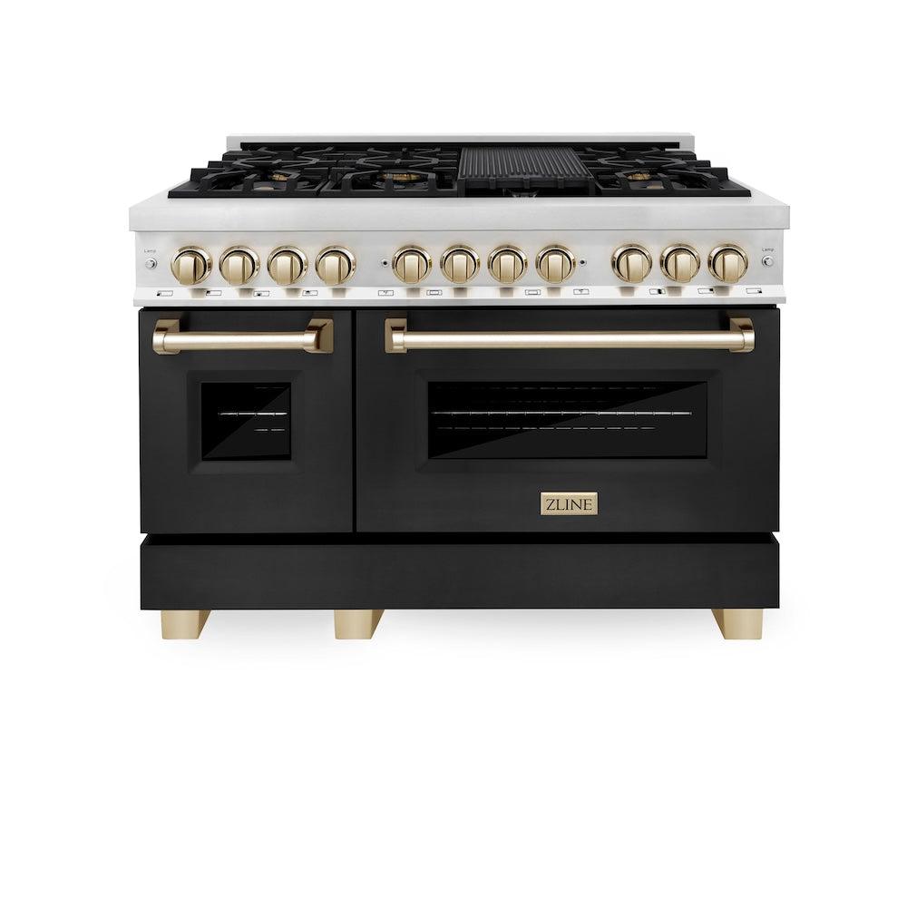 Autograph Edition 48 In. 6.0 Cu. Ft. Legacy Dual Fuel Range With 7 Burner Gas Cooktop And 2 Electric Ovens In Stainless Steel With Black Matte Doors And Polished Gold Accents RAZBLM48G