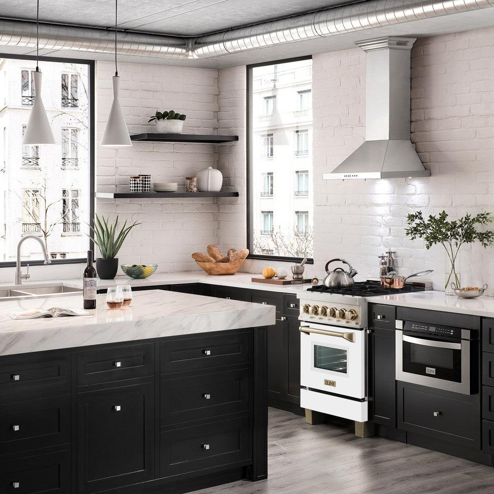 Autograph Edition 24 In. 2.8 Cu. Ft. Legacy Dual Fuel Range With 4 Burner Gas Cooktop And Electric Convection Oven In Stainless Steel With White Matte Door And Polished Gold Accents RAZWM24G