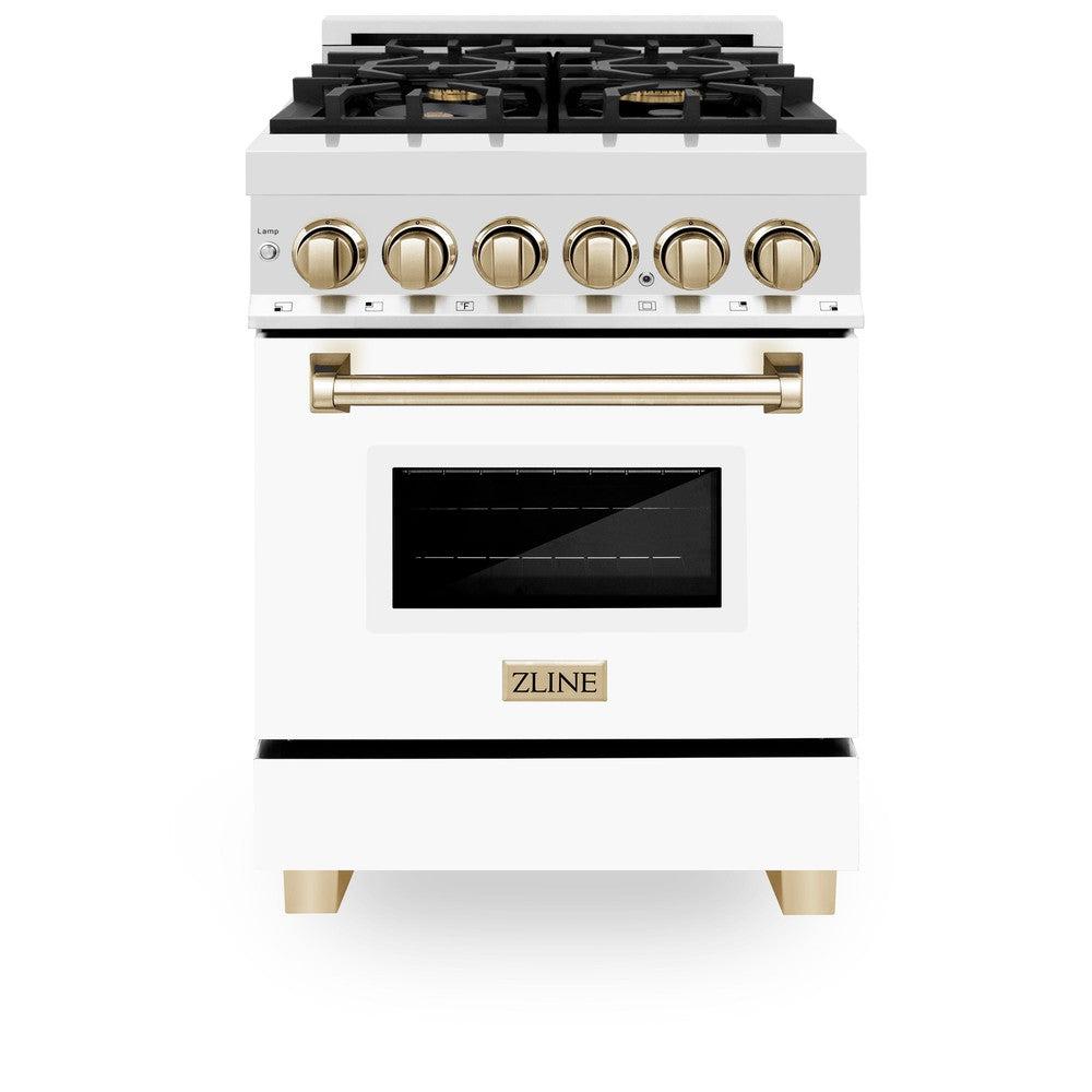 Autograph Edition 24 In. 2.8 Cu. Ft. Legacy Dual Fuel Range With 4 Burner Gas Cooktop And Electric Convection Oven In Stainless Steel With White Matte Door And Polished Gold Accents RAZWM24G