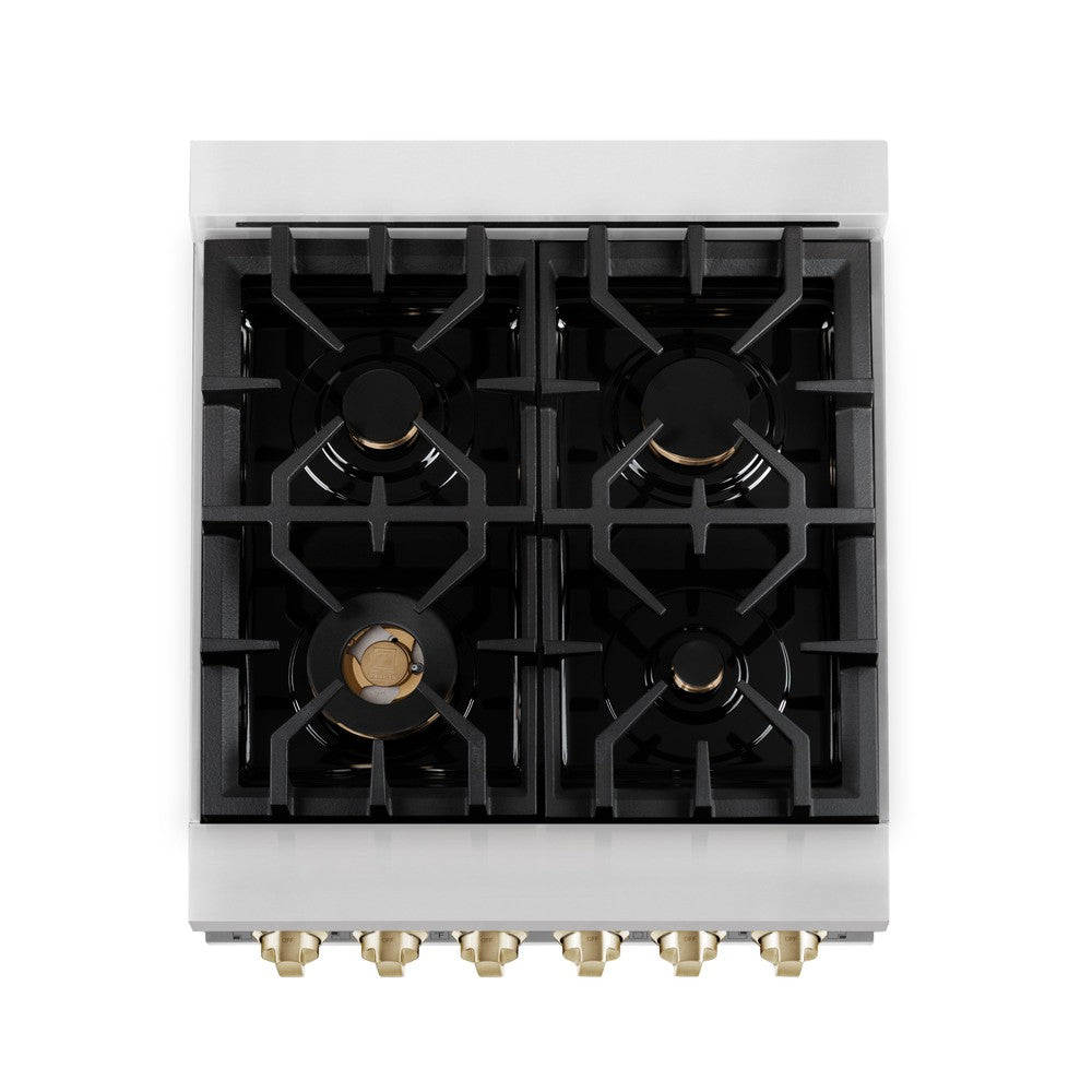 Autograph Edition 24 In. 2.8 Cu. Ft. Legacy Dual Fuel Range With 4 Burner Gas Cooktop And Electric Convection Oven In Stainless Steel With White Matte Door And Polished Gold Accents RAZWM24G