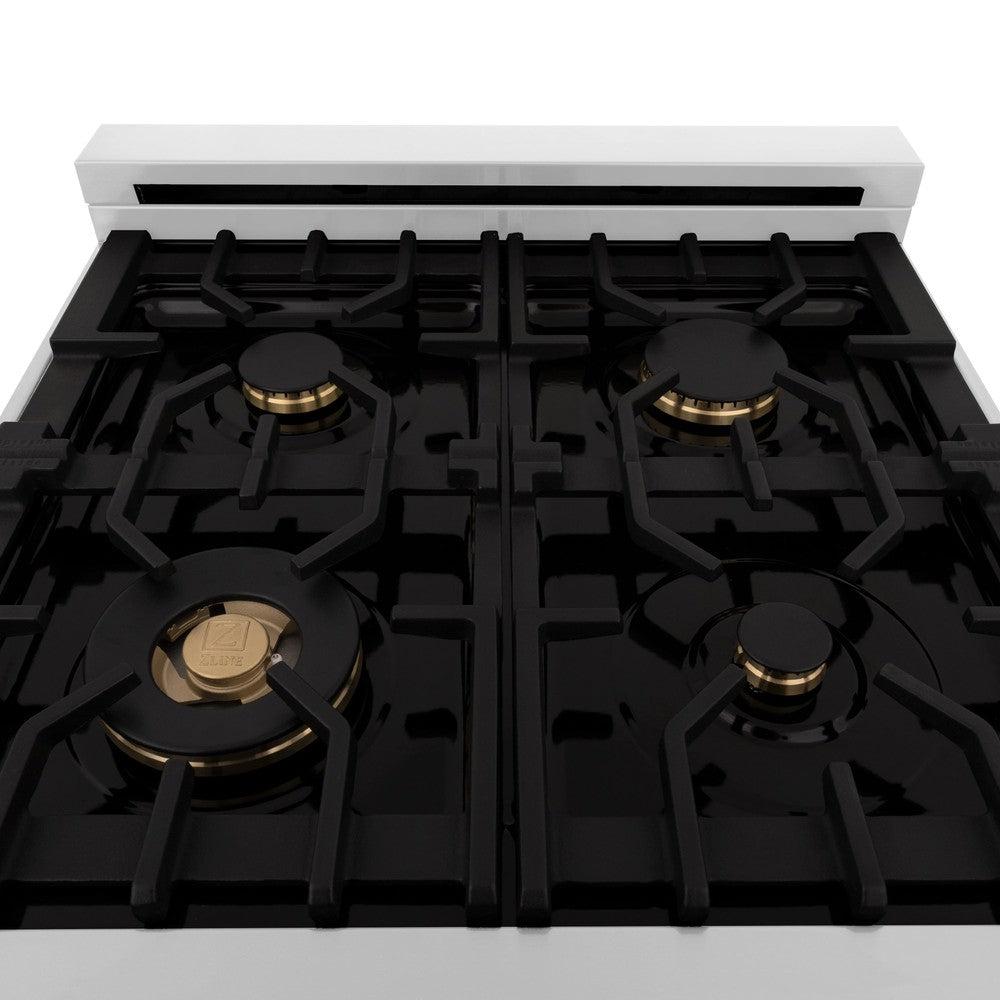 Autograph Edition 24 In. 2.8 Cu. Ft. Legacy Dual Fuel Range With 4 Burner Gas Cooktop And Electric Convection Oven In Stainless Steel With White Matte Door And Polished Gold Accents RAZWM24G
