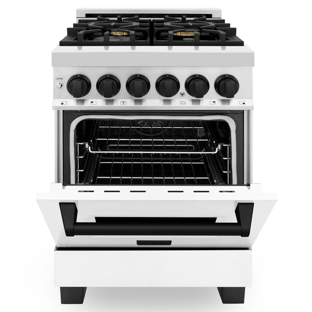 Autograph Edition 24 In. 2.8 Cu. Ft. Legacy Dual Fuel Range With 4 Burner Gas Cooktop And Electric Convection Oven In Stainless Steel With White Matte Door And Matte Black Accents RAZWM24MB