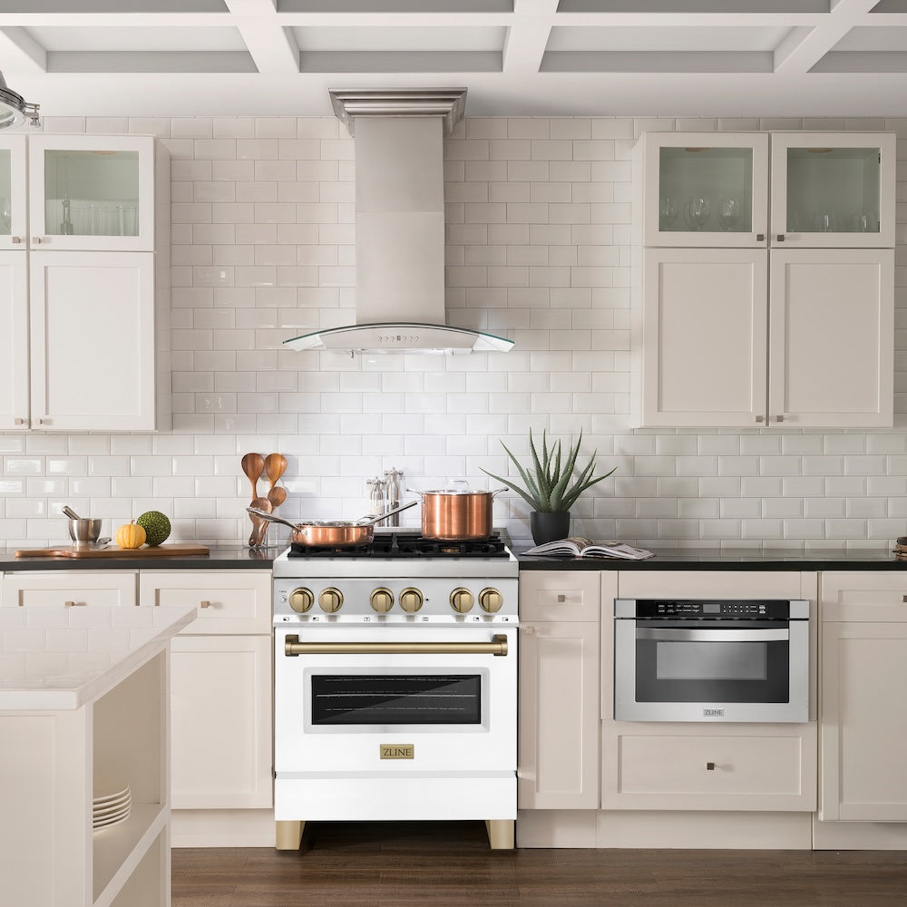 Autograph Edition 30 In. 4.0 Cu. Ft. Legacy Dual Fuel Range With 4 Burner Gas Cooktop And Electric Convection Oven In Stainless Steel With White Matte Door And Champagne Bronze Accents RAZWM30CB