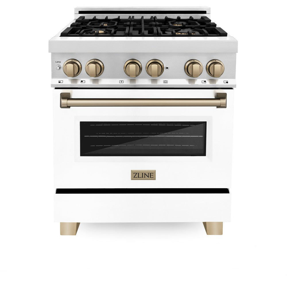 Autograph Edition 30 In. 4.0 Cu. Ft. Legacy Dual Fuel Range With 4 Burner Gas Cooktop And Electric Convection Oven In Stainless Steel With White Matte Door And Champagne Bronze Accents RAZWM30CB
