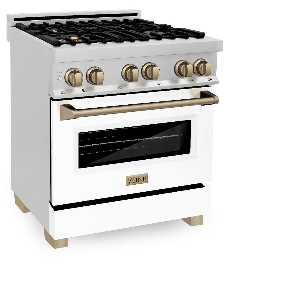 Autograph Edition 30 In. 4.0 Cu. Ft. Legacy Dual Fuel Range With 4 Burner Gas Cooktop And Electric Convection Oven In Stainless Steel With White Matte Door And Champagne Bronze Accents RAZWM30CB