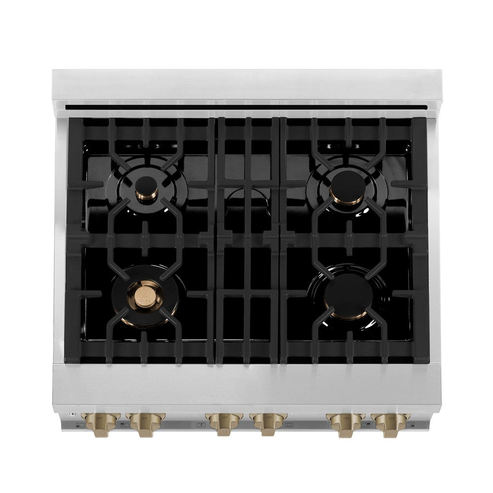 Autograph Edition 30 In. 4.0 Cu. Ft. Legacy Dual Fuel Range With 4 Burner Gas Cooktop And Electric Convection Oven In Stainless Steel With White Matte Door And Champagne Bronze Accents RAZWM30CB