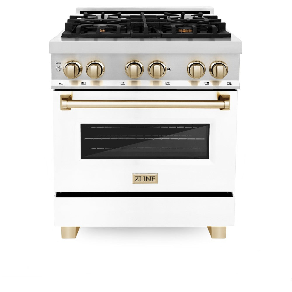 Autograph Edition 30 In. 4.0 Cu. Ft. Legacy Dual Fuel Range With 4 Burner Gas Cooktop And Electric Convection Oven In Stainless Steel With White Matte Door And Polished Gold Accents RAZWM30G