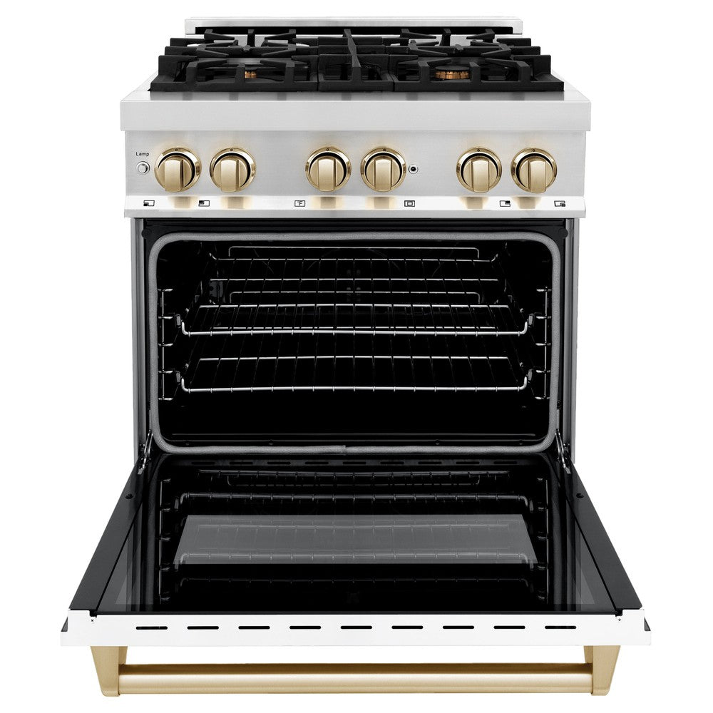 Autograph Edition 30 In. 4.0 Cu. Ft. Legacy Dual Fuel Range With 4 Burner Gas Cooktop And Electric Convection Oven In Stainless Steel With White Matte Door And Polished Gold Accents RAZWM30G