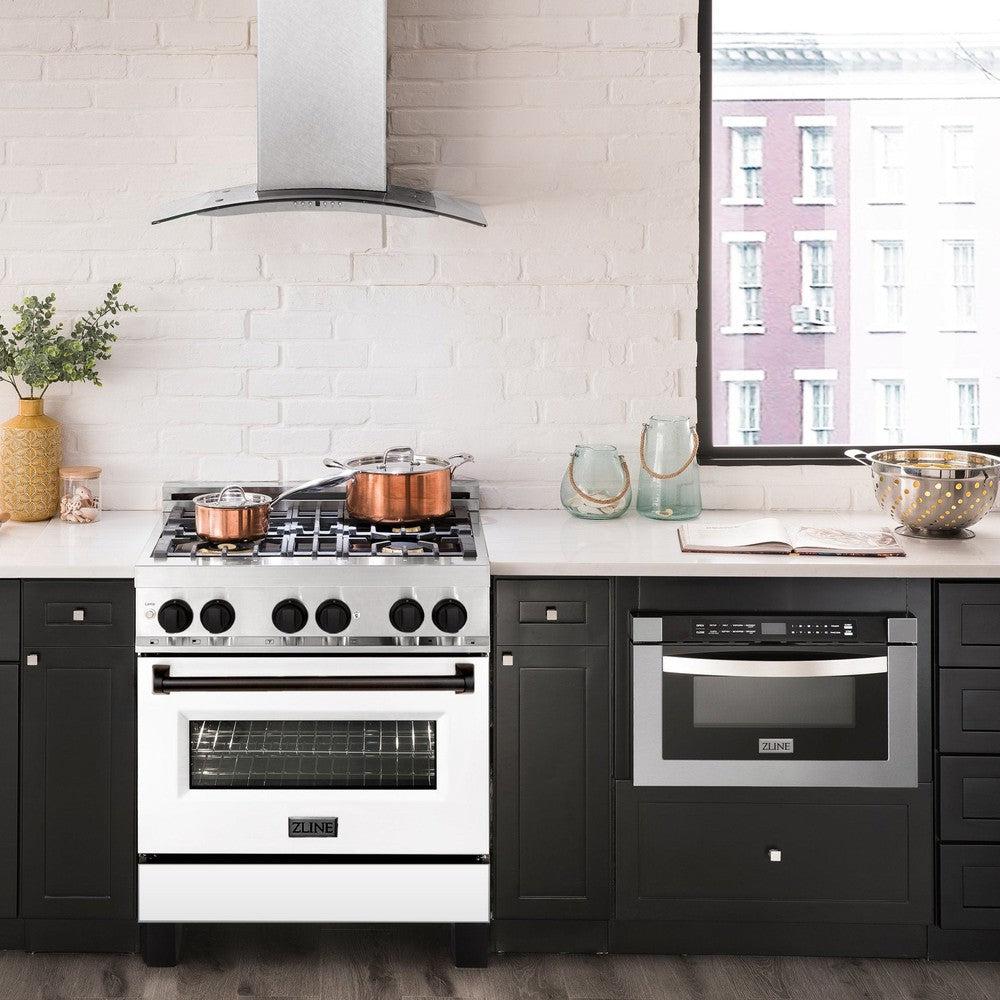 Autograph Edition 30 In. 4.0 Cu. Ft. Legacy Dual Fuel Range With 4 Burner Gas Cooktop And Electric Convection Oven In Stainless Steel With White Matte Door And Matte Black Accents RAZWM30MB