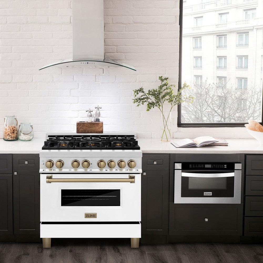 Autograph Edition 36 In. 4.6 Cu. Ft. Legacy Dual Fuel Range With 6 Burner Gas Cooktop And Electric Convection Oven In Stainless Steel With White Matte Door And Champagne Bronze Accents RAZWM36CB