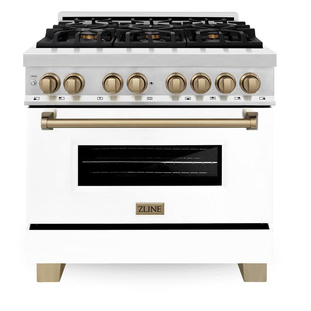 Autograph Edition 36 In. 4.6 Cu. Ft. Legacy Dual Fuel Range With 6 Burner Gas Cooktop And Electric Convection Oven In Stainless Steel With White Matte Door And Champagne Bronze Accents RAZWM36CB