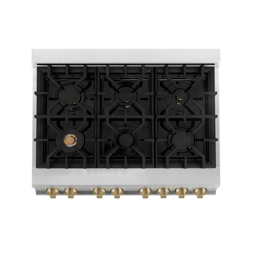 Autograph Edition 36 In. 4.6 Cu. Ft. Legacy Dual Fuel Range With 6 Burner Gas Cooktop And Electric Convection Oven In Stainless Steel With White Matte Door And Champagne Bronze Accents RAZWM36CB