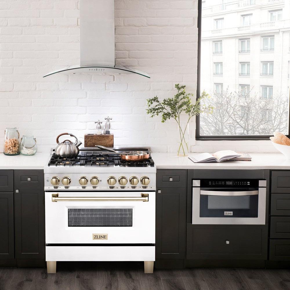Autograph Edition 36 In. 4.6 Cu. Ft. Legacy Dual Fuel Range With 6 Burner Gas Cooktop And Electric Convection Oven In Stainless Steel With White Matte Door And Polished Gold Accents RAZWM36G