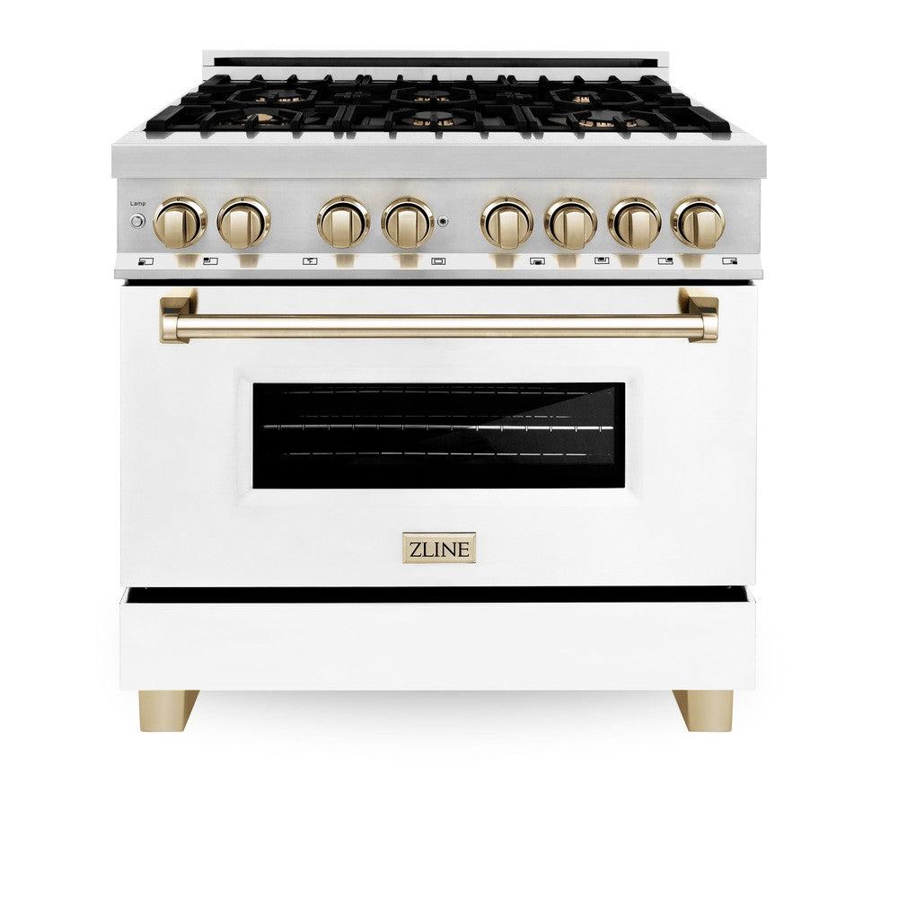 Autograph Edition 36 In. 4.6 Cu. Ft. Legacy Dual Fuel Range With 6 Burner Gas Cooktop And Electric Convection Oven In Stainless Steel With White Matte Door And Polished Gold Accents RAZWM36G