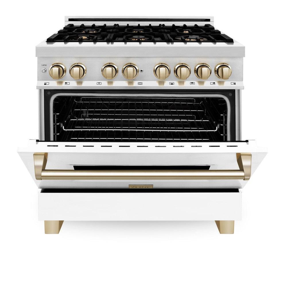 Autograph Edition 36 In. 4.6 Cu. Ft. Legacy Dual Fuel Range With 6 Burner Gas Cooktop And Electric Convection Oven In Stainless Steel With White Matte Door And Polished Gold Accents RAZWM36G