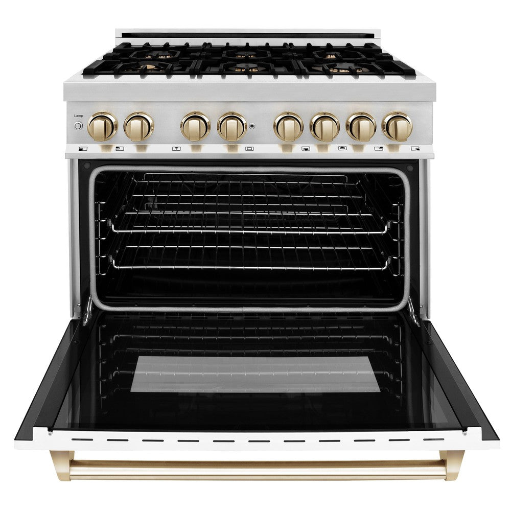 Autograph Edition 36 In. 4.6 Cu. Ft. Legacy Dual Fuel Range With 6 Burner Gas Cooktop And Electric Convection Oven In Stainless Steel With White Matte Door And Polished Gold Accents RAZWM36G