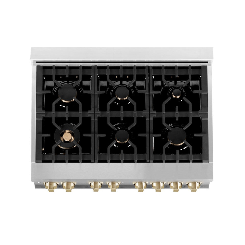 Autograph Edition 36 In. 4.6 Cu. Ft. Legacy Dual Fuel Range With 6 Burner Gas Cooktop And Electric Convection Oven In Stainless Steel With White Matte Door And Polished Gold Accents RAZWM36G