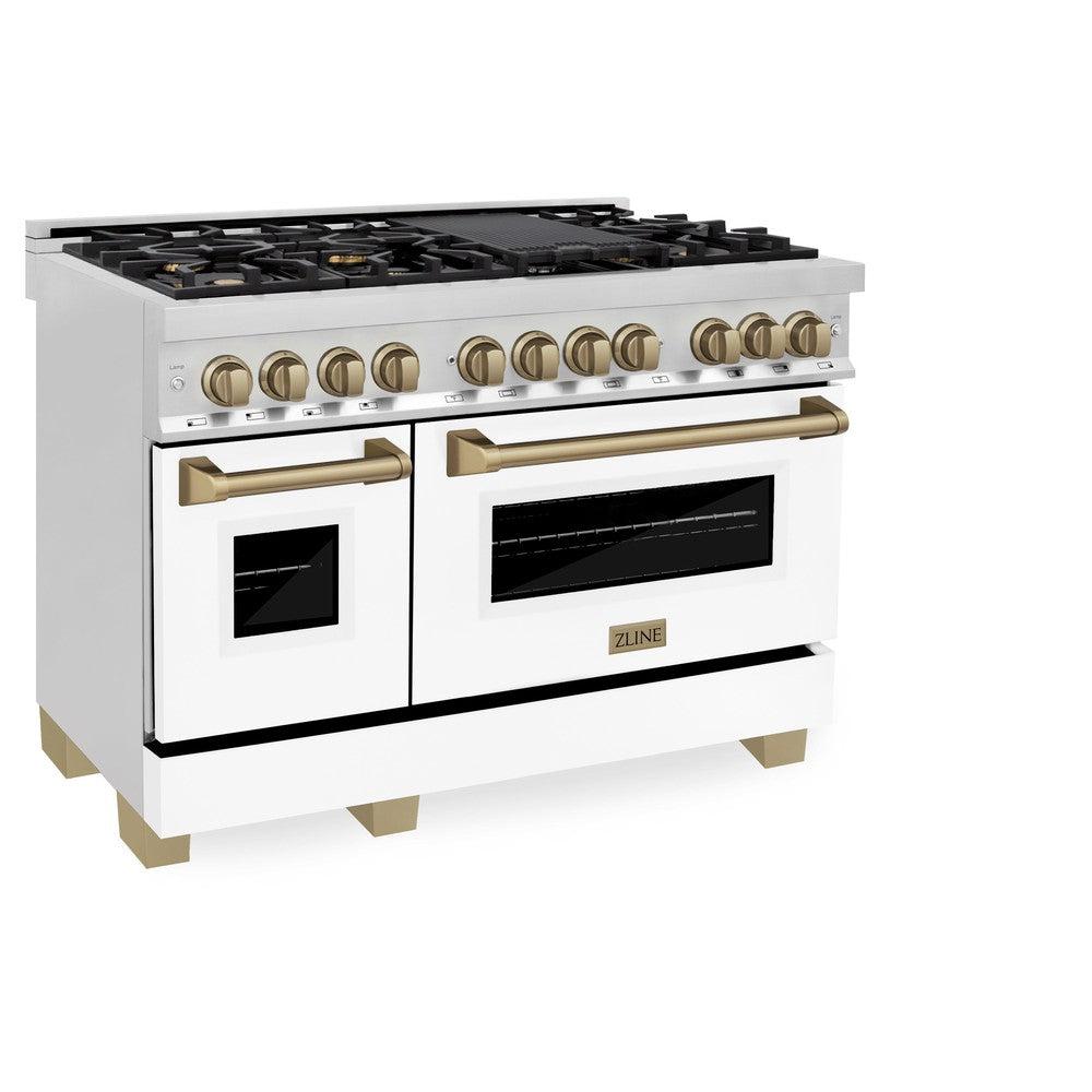 Autograph Edition 48 In. 6.0 Cu. Ft. Legacy Dual Fuel Range With 7 Burner Gas Cooktop And 2 Electric Ovens In Stainless Steel With White Matte Doors And Champagne Bronze Accents RAZWM48CB