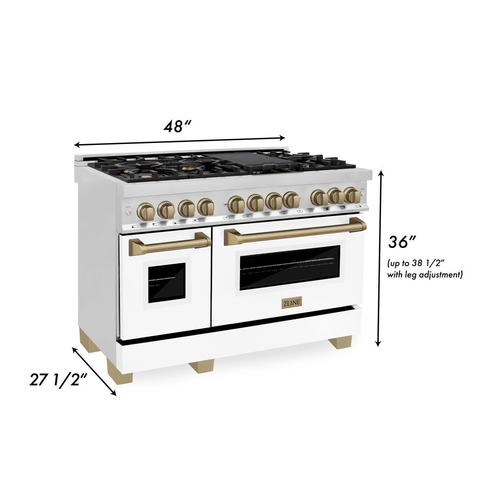 Autograph Edition 48 In. 6.0 Cu. Ft. Legacy Dual Fuel Range With 7 Burner Gas Cooktop And 2 Electric Ovens In Stainless Steel With White Matte Doors And Champagne Bronze Accents RAZWM48CB