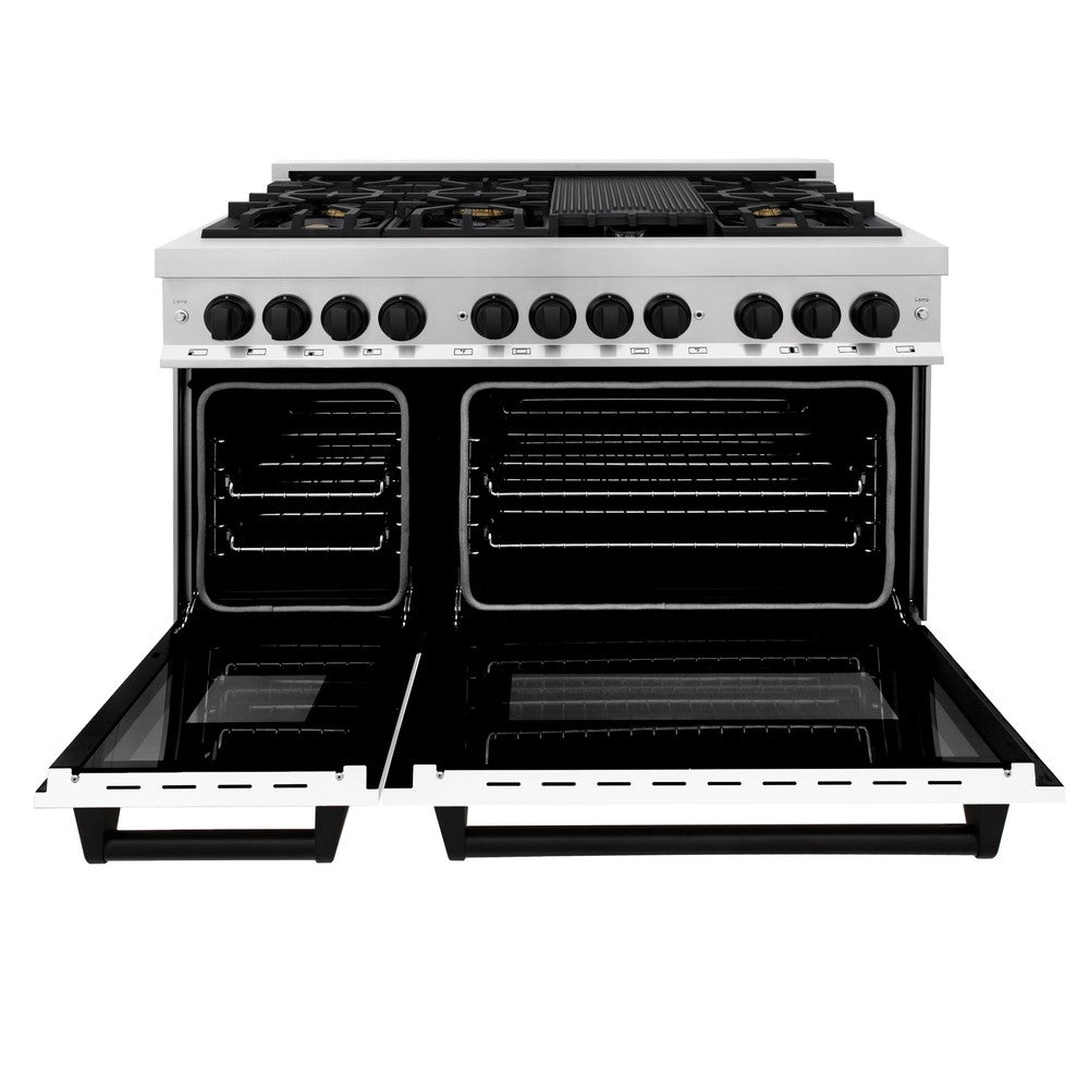 Autograph Edition 48 In. 6.0 Cu. Ft. Legacy Dual Fuel Range With 7 Burner Gas Cooktop And 2 Electric Ovens In Stainless Steel With White Matte Doors And Matte Black Accents RAZWM48MB