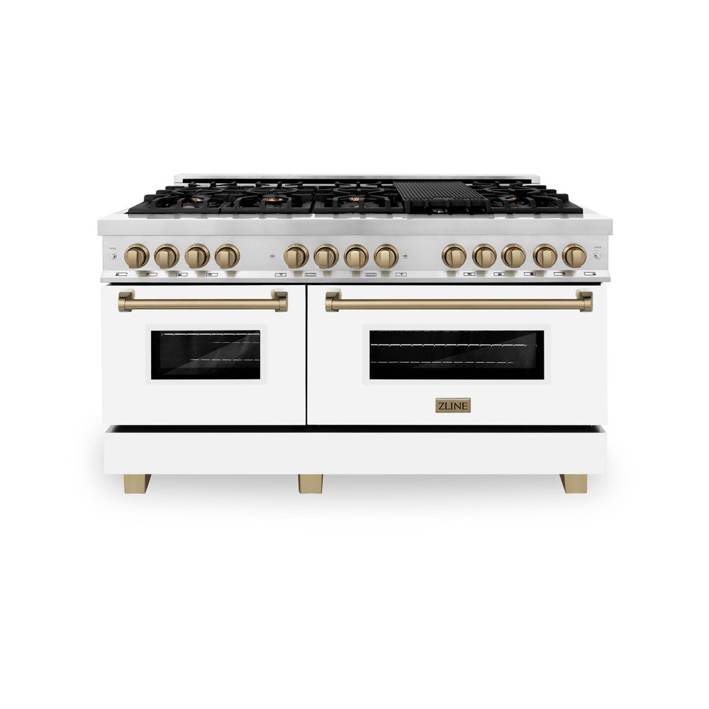 Autograph Edition 60 In. 7.4 Cu. Ft. Legacy Dual Fuel Range With 9 Burner Gas Cooktop And 2 Electric Convection Ovens In Stainless Steel With White Matte Doors And Champagne Bronze Accents RAZWM60CB