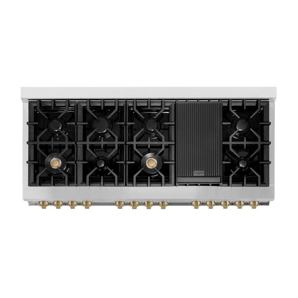 Autograph Edition 60 In. 7.4 Cu. Ft. Legacy Dual Fuel Range With 9 Burner Gas Cooktop And 2 Electric Convection Ovens In Stainless Steel With White Matte Doors And Champagne Bronze Accents RAZWM60CB