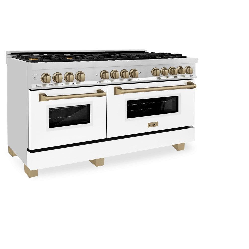 Autograph Edition 60 In. 7.4 Cu. Ft. Legacy Dual Fuel Range With 9 Burner Gas Cooktop And 2 Electric Convection Ovens In Stainless Steel With White Matte Doors And Champagne Bronze Accents RAZWM60CB