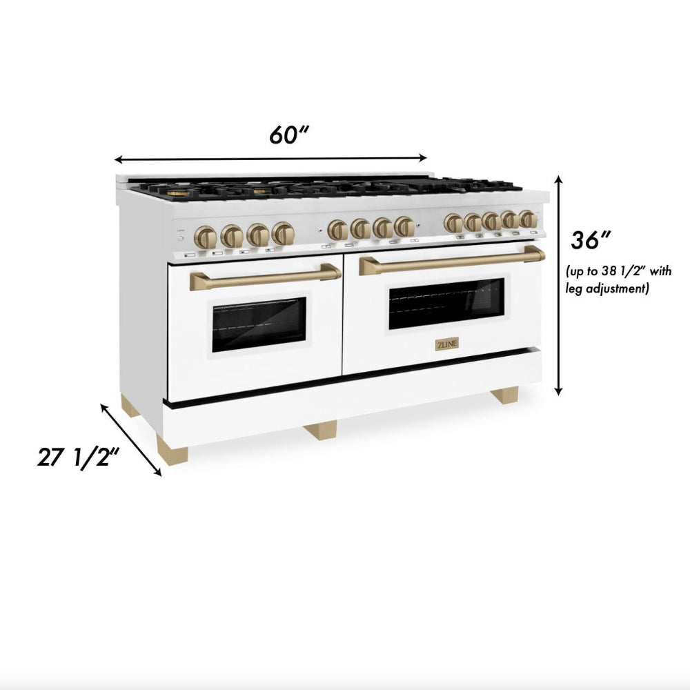 Autograph Edition 60 In. 7.4 Cu. Ft. Legacy Dual Fuel Range With 9 Burner Gas Cooktop And 2 Electric Convection Ovens In Stainless Steel With White Matte Doors And Champagne Bronze Accents RAZWM60CB