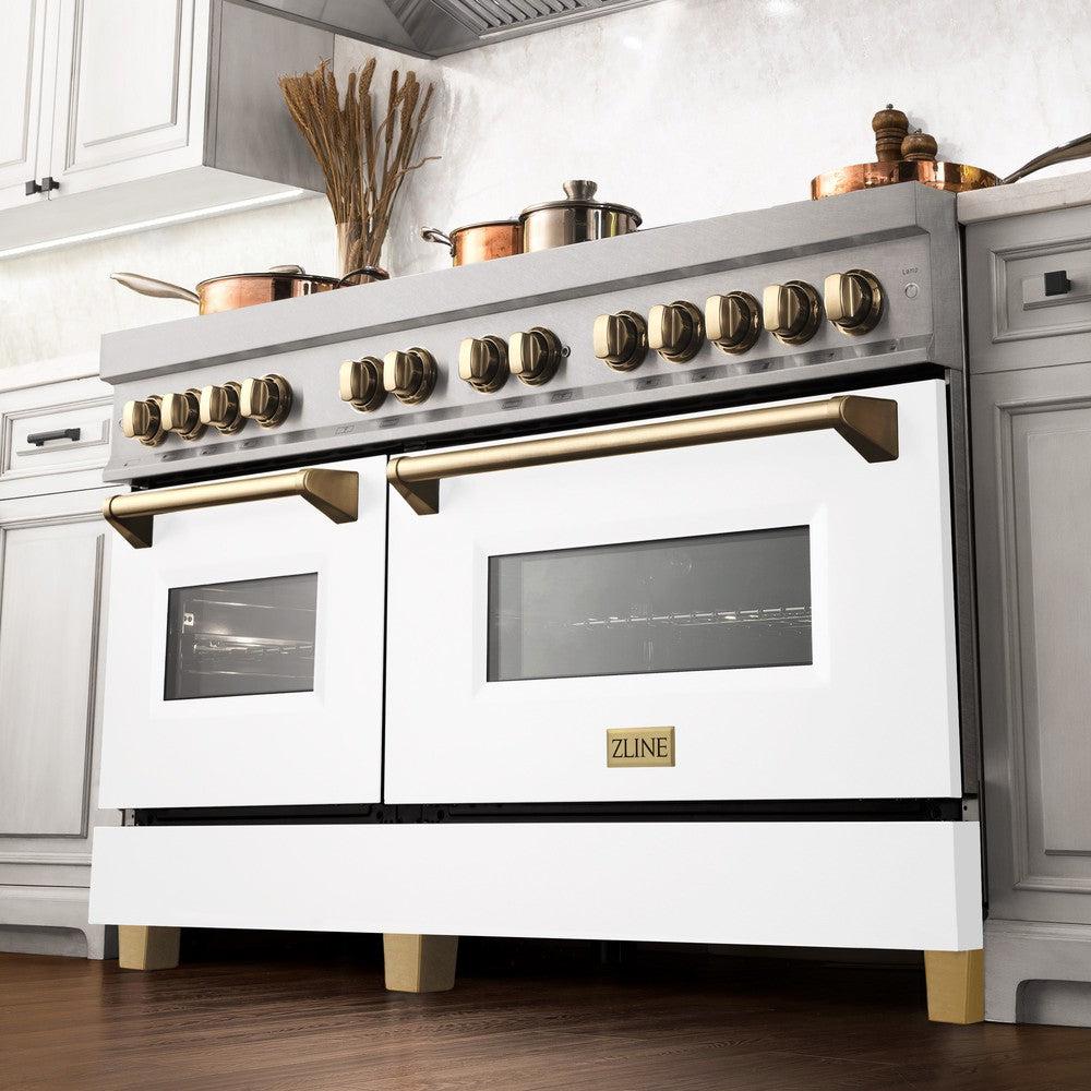 Autograph Edition 60 In. 7.4 Cu. Ft. Legacy Dual Fuel Range With 9 Burner Gas Cooktop And 2 Electric Convection Ovens In Stainless Steel With White Matte Doors And Polished Gold Accents RAZWM60G