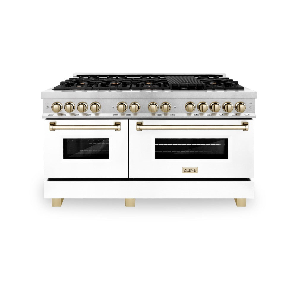 Autograph Edition 60 In. 7.4 Cu. Ft. Legacy Dual Fuel Range With 9 Burner Gas Cooktop And 2 Electric Convection Ovens In Stainless Steel With White Matte Doors And Polished Gold Accents RAZWM60G