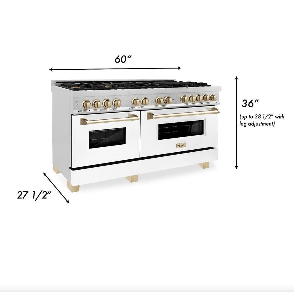 Autograph Edition 60 In. 7.4 Cu. Ft. Legacy Dual Fuel Range With 9 Burner Gas Cooktop And 2 Electric Convection Ovens In Stainless Steel With White Matte Doors And Polished Gold Accents RAZWM60G