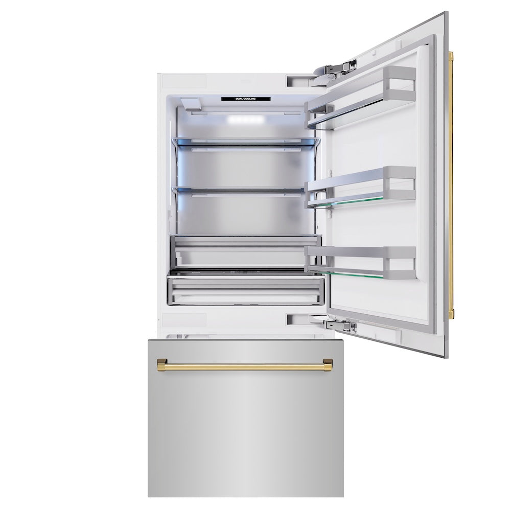 ZLINE Autograph Edition 36 in. 19.8 cu. ft. Built-In Bottom Freezer Refrigerator with Water Dispenser and Ice Maker in Stainless Steel with Polished Gold Accents (RBITZ-304-36G) RBITZ30436G