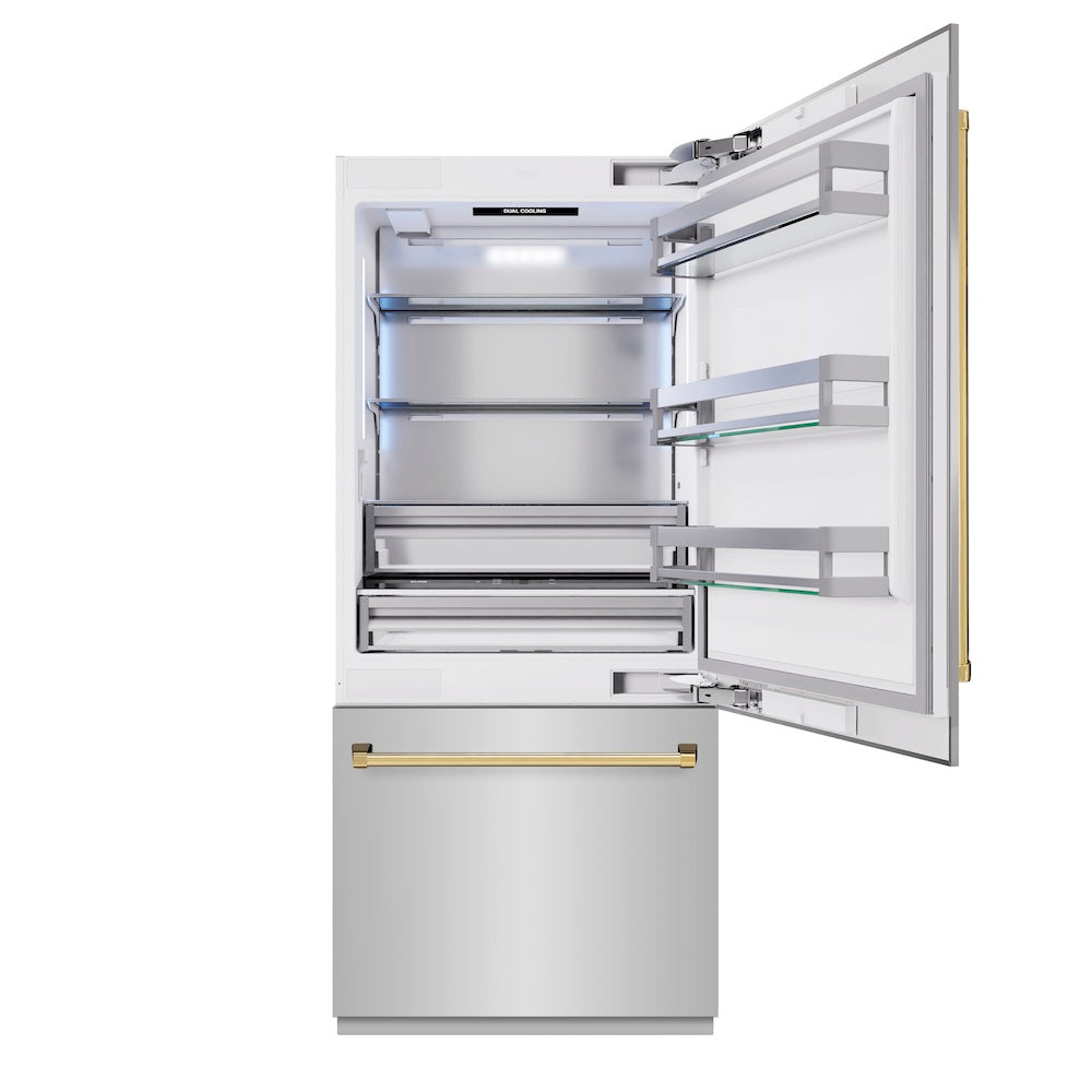 ZLINE Autograph Edition 36 in. 19.8 cu. ft. Built-In Bottom Freezer Refrigerator with Water Dispenser and Ice Maker in Stainless Steel with Polished Gold Accents (RBITZ-304-36G) RBITZ30436G