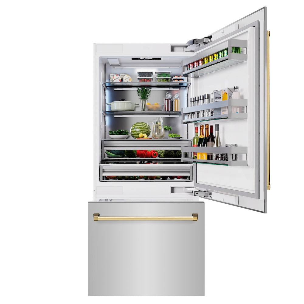 ZLINE Autograph Edition 36 in. 19.8 cu. ft. Built-In Bottom Freezer Refrigerator with Water Dispenser and Ice Maker in Stainless Steel with Polished Gold Accents (RBITZ-304-36G) RBITZ30436G
