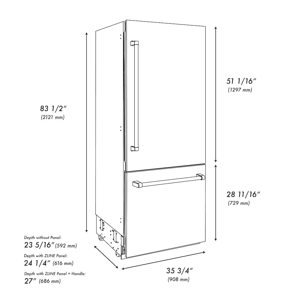 ZLINE Autograph Edition 36 in. 19.8 cu. ft. Built-In Bottom Freezer Refrigerator with Water Dispenser and Ice Maker in Stainless Steel with Polished Gold Accents (RBITZ-304-36G) RBITZ30436G