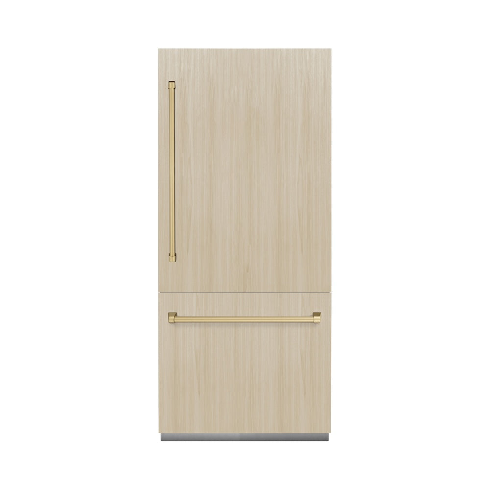 ZLINE Autograph Edition 36 in. 19.8 cu. ft. Panel Ready Built-In Bottom Freezer Refrigerator with Water Dispenser and Ice Maker with Champagne Bronze Accents (RBITZ-36-CB) RBITZ36CB