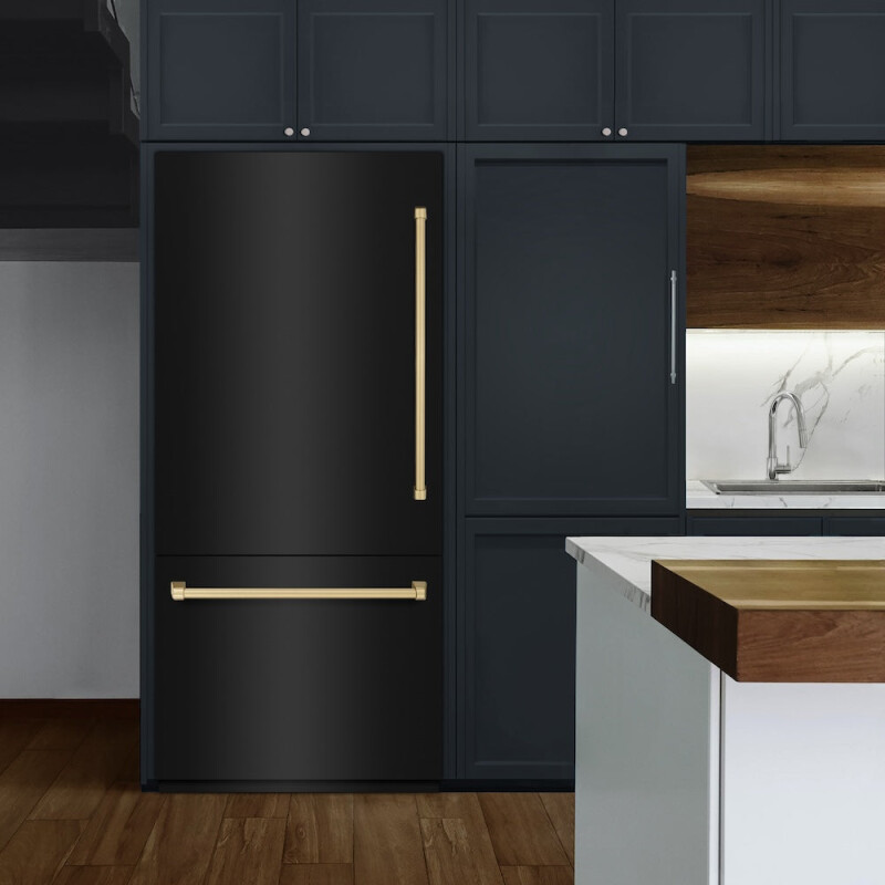 Autograph Edition 36 In. 19.8 Cu. Ft. Built-in Bottom Freezer Refrigerator With Water Dispenser And Ice Maker In Black Stainless Steel And Champagne Bronze Accents RBITZBS36CB