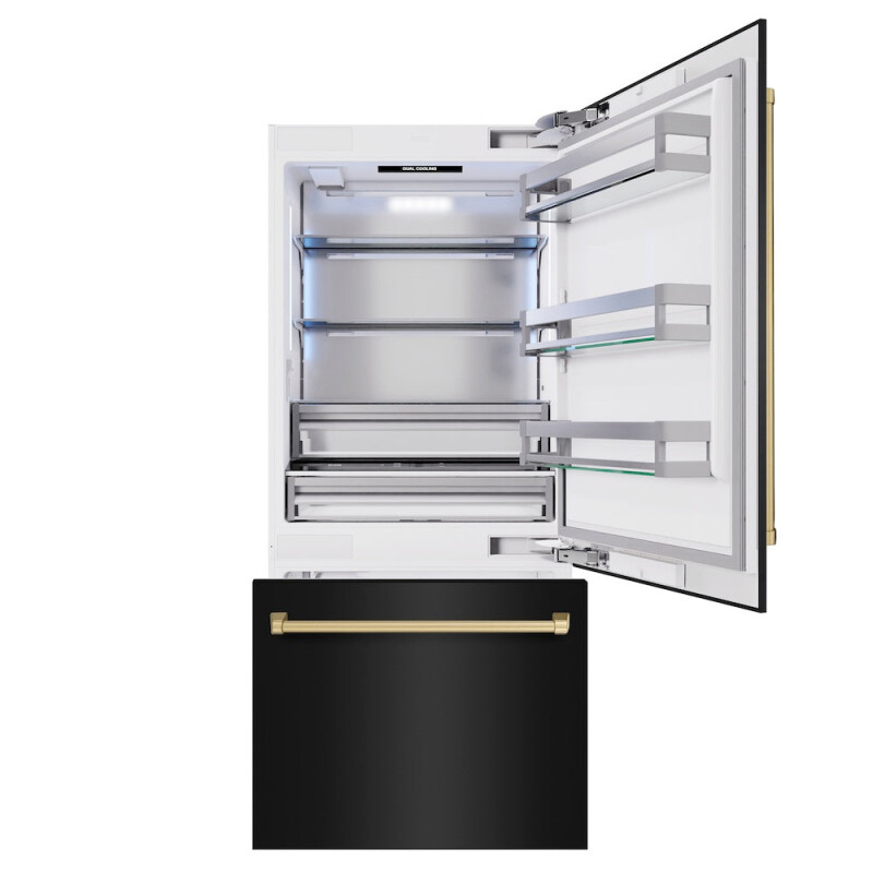 Autograph Edition 36 In. 19.8 Cu. Ft. Built-in Bottom Freezer Refrigerator With Water Dispenser And Ice Maker In Black Stainless Steel And Champagne Bronze Accents RBITZBS36CB