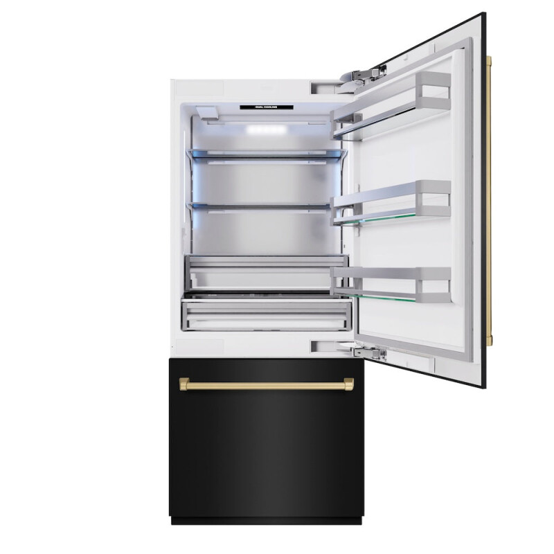 Autograph Edition 36 In. 19.8 Cu. Ft. Built-in Bottom Freezer Refrigerator With Water Dispenser And Ice Maker In Black Stainless Steel And Champagne Bronze Accents RBITZBS36CB