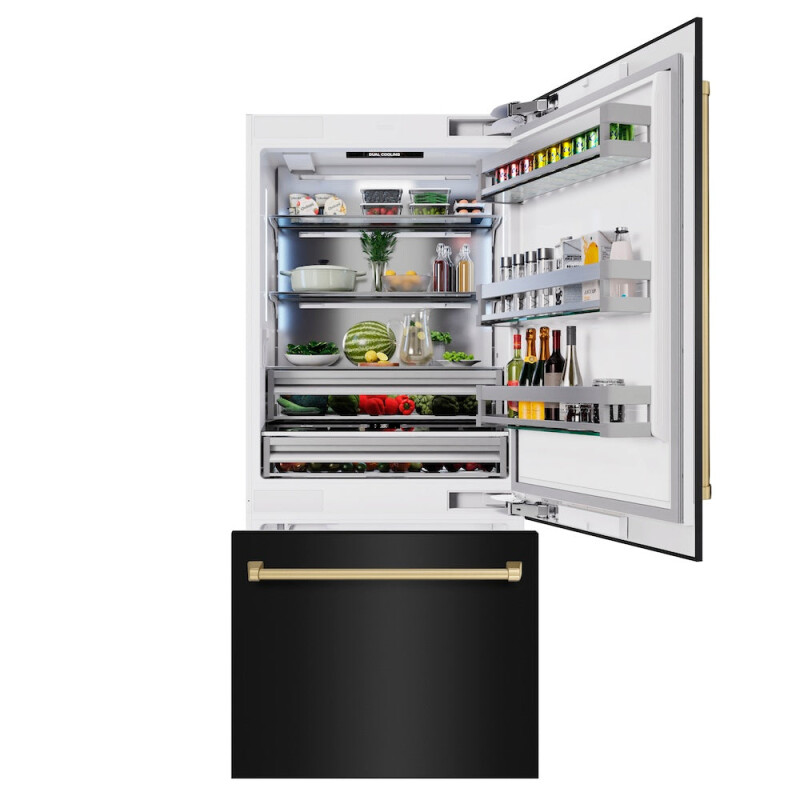 Autograph Edition 36 In. 19.8 Cu. Ft. Built-in Bottom Freezer Refrigerator With Water Dispenser And Ice Maker In Black Stainless Steel And Champagne Bronze Accents RBITZBS36CB