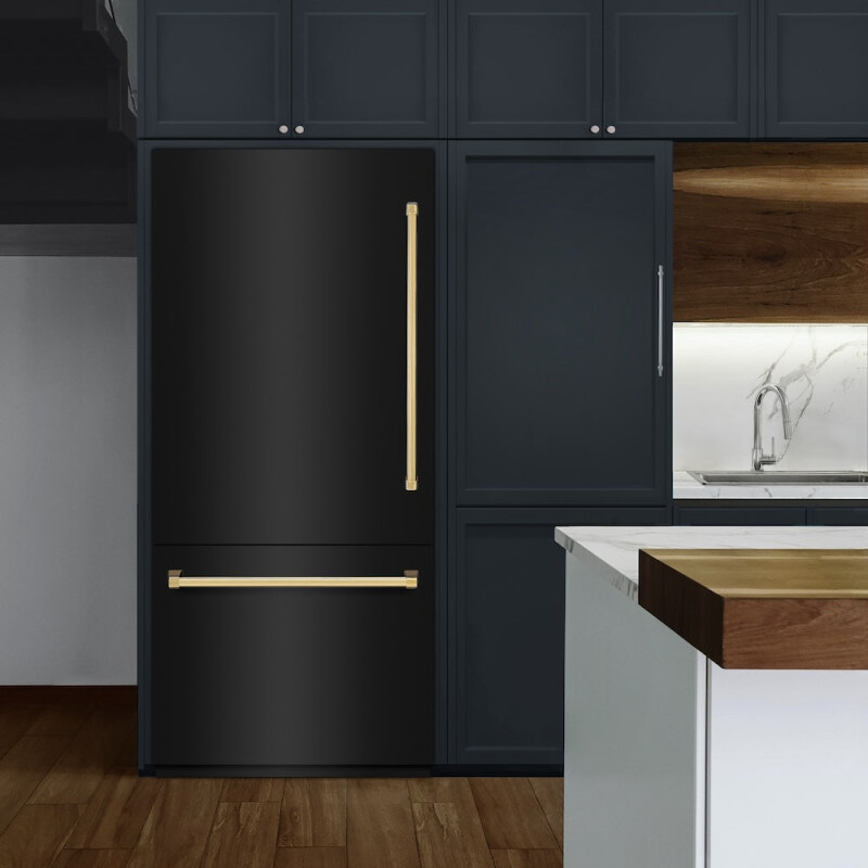 Autograph Edition 36 In. 19.8 Cu. Ft. Built-in Bottom Freezer Refrigerator With Water Dispenser And Ice Maker In Black Stainless Steel And Polished Gold Accents RBITZBS36G